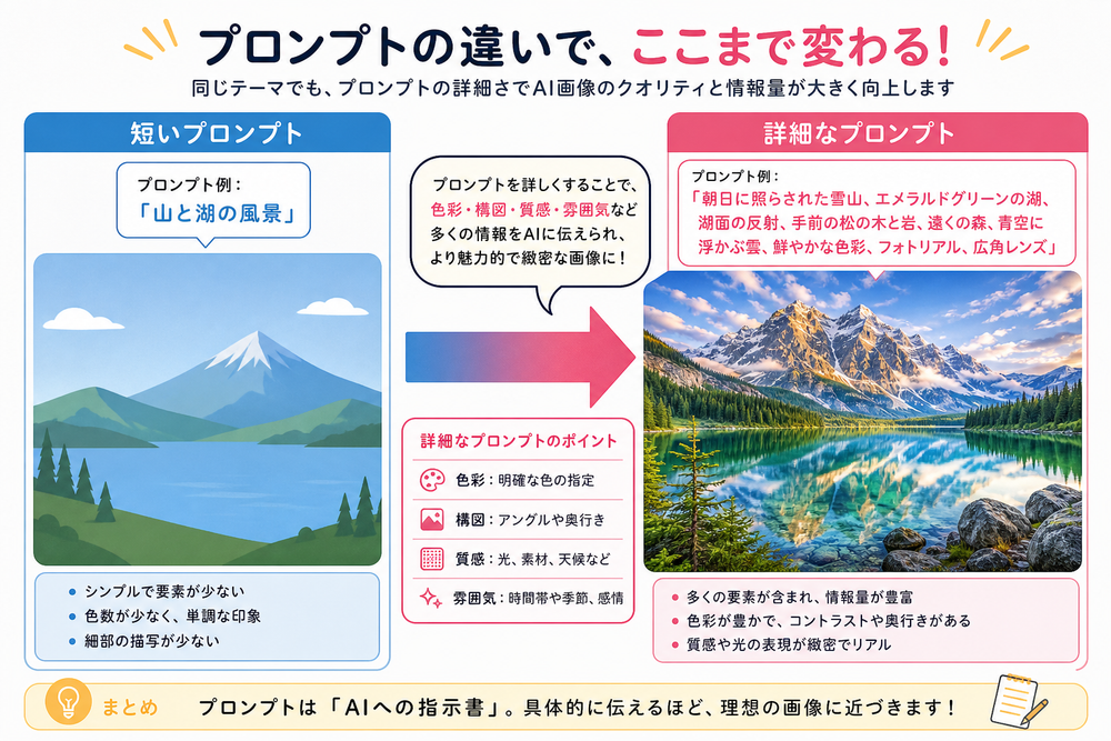 AI画像生成の比較図。左側に「短いプロンプト」で生成されたシンプルな風景イラスト、右側に「詳細なプロンプト」で生成された色彩豊かで緻密な風景イラストを並べ、矢印と吹き出しでプロンプトの違いを示すインフォグラフィック風の画像