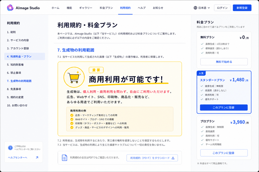 AI画像生成ツールの利用規約・料金ページを模したイメージ画面。商用利用可の表記が強調された規約ページのスクリーンショット風イラスト