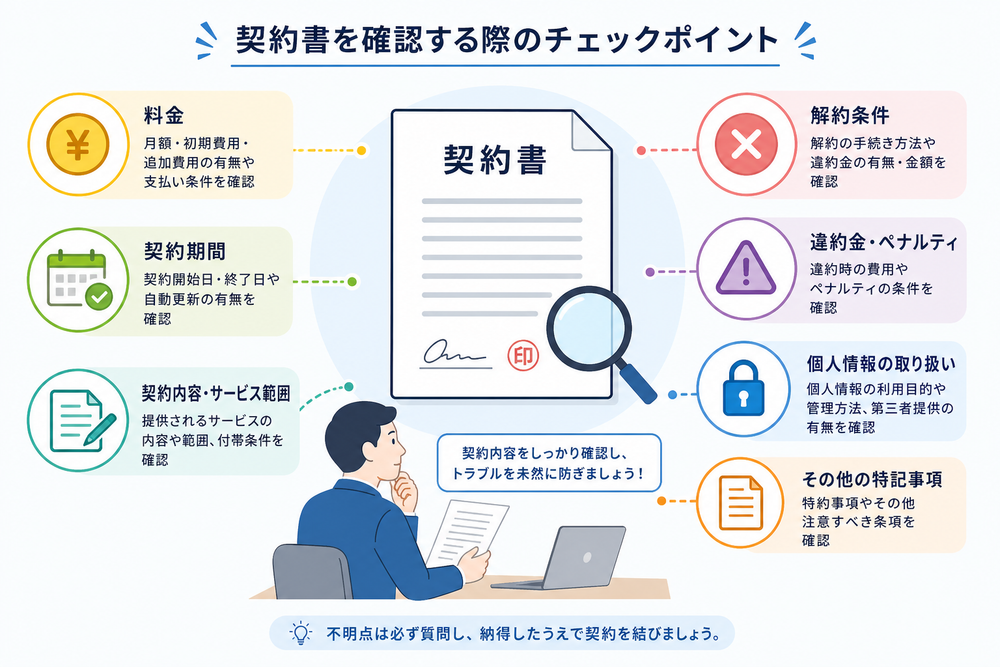 契約書を確認している場面のイメージ図。契約書の書類アイコンの周りに、注意すべきチェックポイント(料金、契約期間、解約条件など)を表すアイコンが配置されたフラットデザインのインフォグラフィック