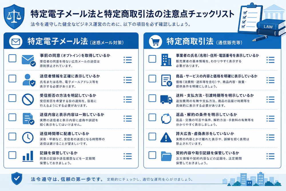 特定電子メール法と特定商取引法の注意点を整理したチェックリスト風のイメージ画像。チェックボックスと箇条書きアイコンが並ぶ、法律・コンプライアンスを連想させる清潔なビジネスイラスト、青系の配色