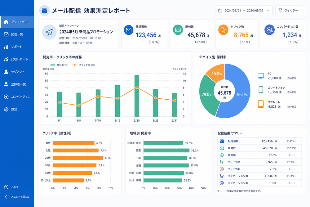 メール配信の効果測定レポート画面をイメージした図。開封率・クリック率を示す棒グラフと折れ線グラフ、円グラフがダッシュボード風に配置されたフラットデザインイラスト。数値はダミー表示で見やすいビジネスカラー（青・緑・オレンジ）を使用