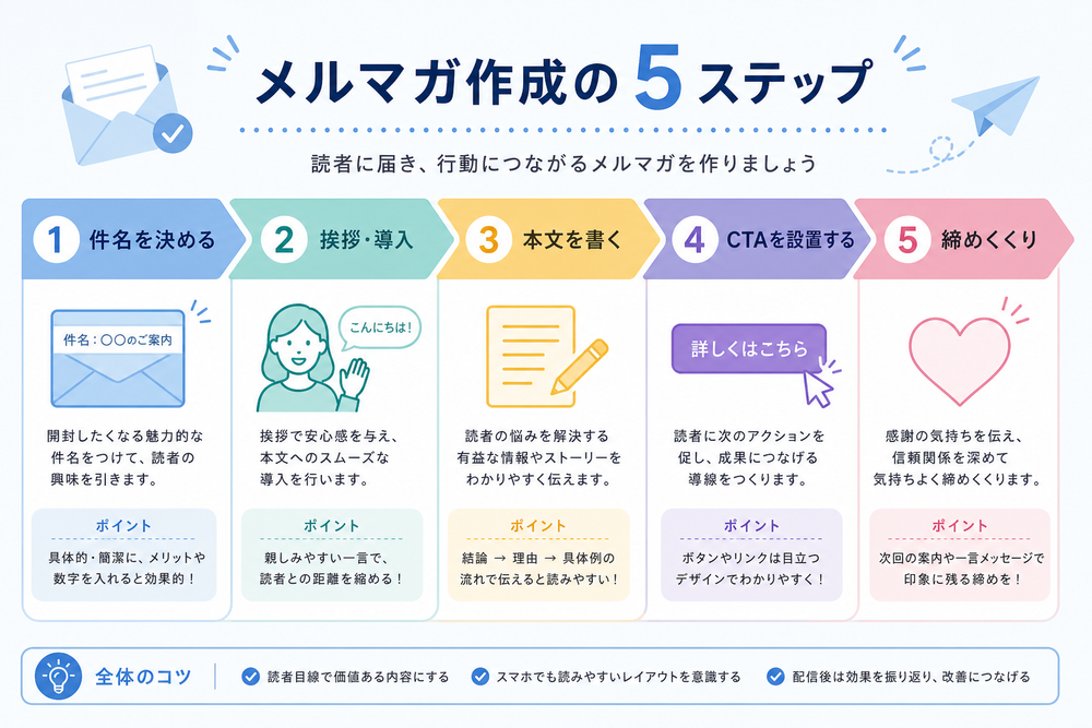 メルマガ作成の5ステップを示すシンプルなインフォグラフィック。1から5までの番号付き矢印フローで、件名決め、挨拶、本文、CTA、締めくくりなどの工程が並ぶ、清潔で見やすいビジネス系フラットデザイン、パステルカラー