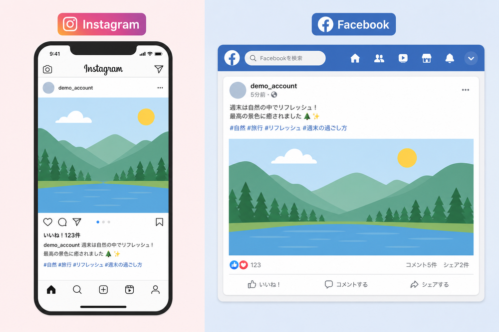 1つの投稿画像が左右に分かれ、左側はスマートフォンのInstagram風フレーム、右側はFacebook風フレームで表示され、同じ投稿が異なるレイアウトで見える比較イメージのシンプルなフラットデザイン