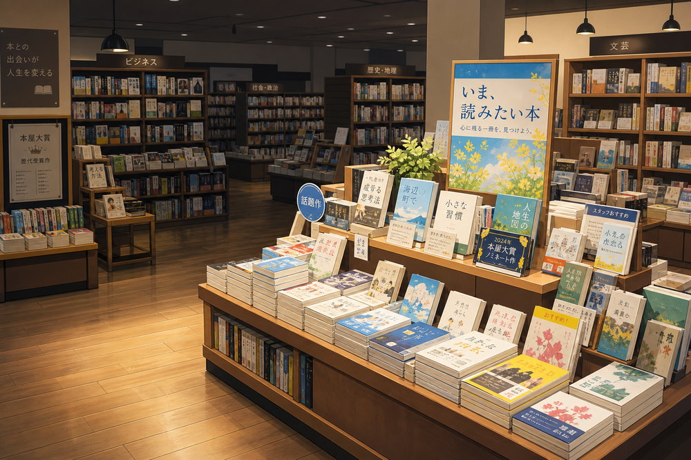 本屋の店内イラスト。手前に目立つ平台の陳列、奥に埋もれた本棚を対比させ、目立つ場所とそうでない場所の違いが分かる構図
