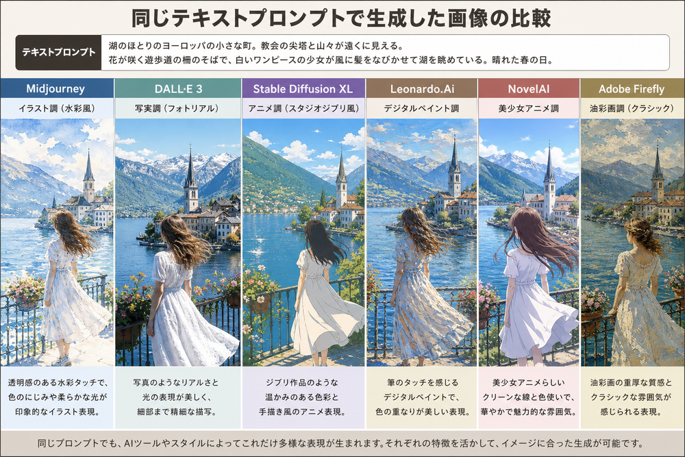 同じテキストプロンプトを複数のAI画像生成ツールに入力し、生成された画風の違いを並べて比較したコラージュ画像。イラスト調、写実調、アニメ調など複数のスタイルが並ぶ様子