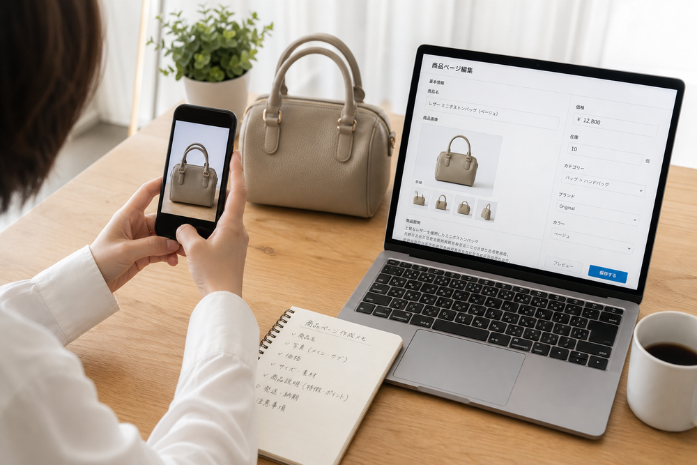 （写真：スマートフォンで商品を撮影している、または商品ページを編集している作業風景の画像を入れる）