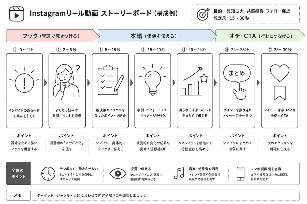Instagramリール動画の構成を示すストーリーボード風の図。複数のコマ割りで「フック」「本編」「オチ・CTA」など動画の流れが分かるイラスト、シンプルな線画とアイコンで構成されたビジネス資料風デザイン