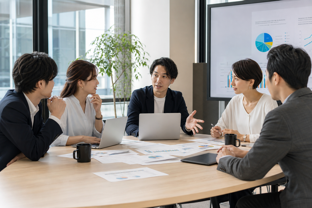 社内オフィスでのミーティング風景、または外部パートナーとの打ち合わせ風景をイメージしたビジネスシーンのイラストや写真風画像、複数人が机を囲んで話し合っている様子