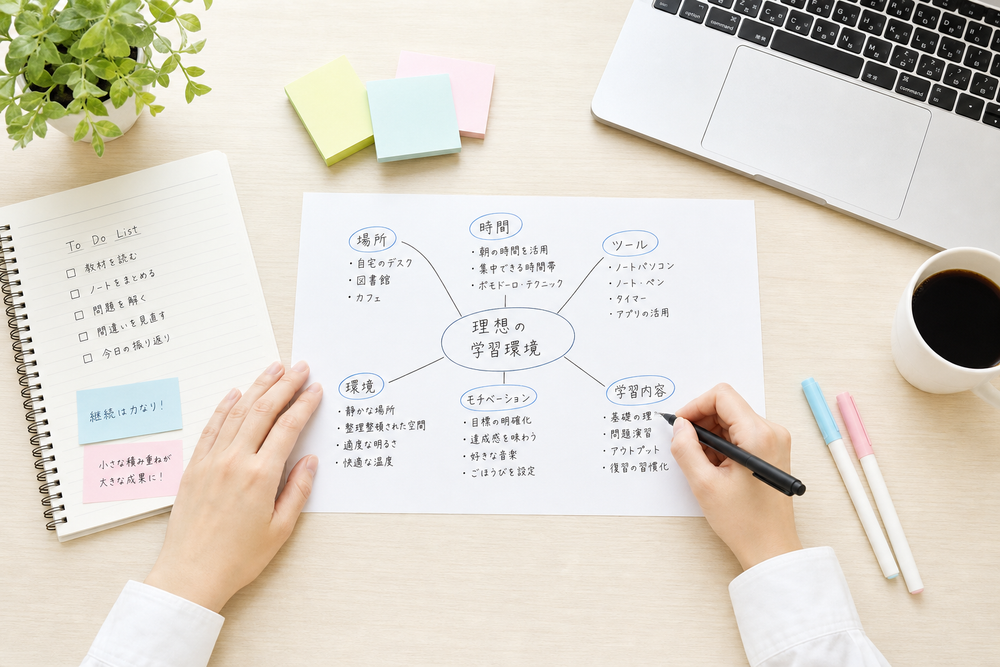 ノートとノートパソコンを前に、キーワードを紙に書き出して整理している人物の手元。明るいデスク、俯瞰の構図、フラットで清潔感のあるイメージ