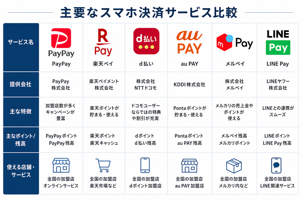 （画像：各決済サービスのロゴを並べた比較イメージ図を入れる。※ロゴ利用は各社の利用規約を確認）