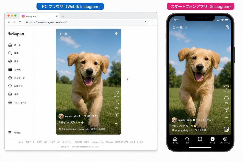 PCブラウザで表示したWeb版InstagramのリールタブとスマートフォンアプリのリールタブのUIを並べて比較したイラスト、左にPC画面、右にスマホ画面