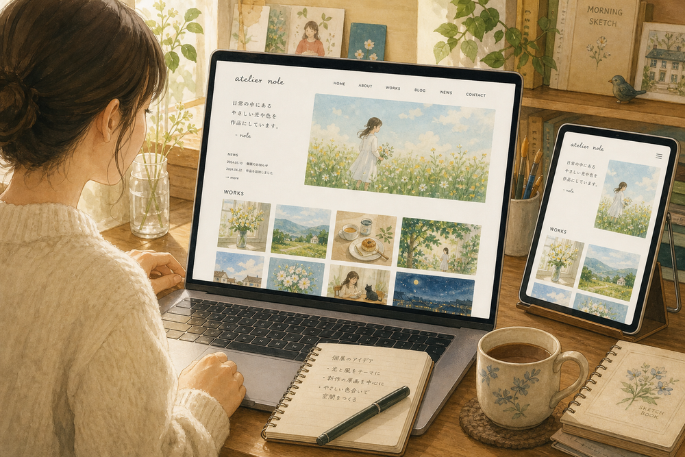 作家が自身のホームページ(ウェブサイト)で作品を紹介しているイメージ画像。ノートパソコンやタブレットの画面にポートフォリオサイトが表示され、作品のサムネイルが並んでいる温かみのあるイラスト
