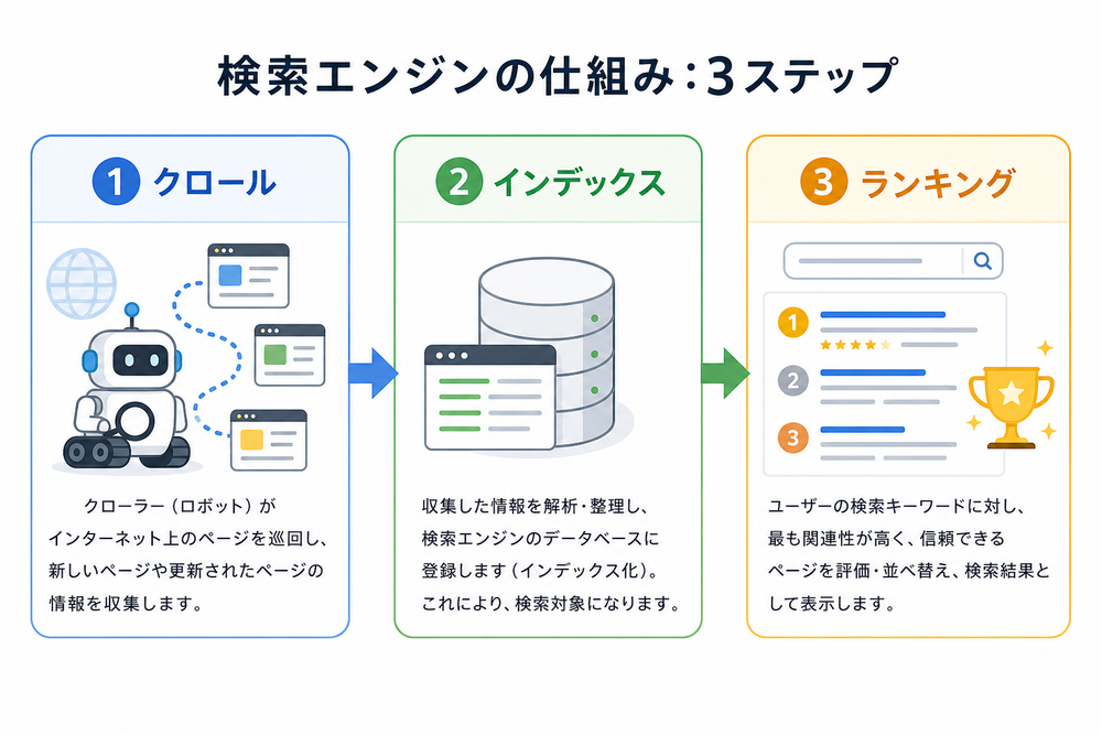 検索エンジンの仕組みを示す3ステップの図解。左から「クロール」「インデックス」「ランキング」を矢印でつなぎ、それぞれにアイコンを添えたフロー図