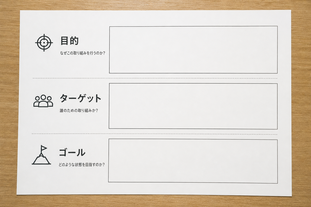 (写真:目的・ターゲット・ゴールの3つを書き込んだシンプルなワークシートの画像を入れる)