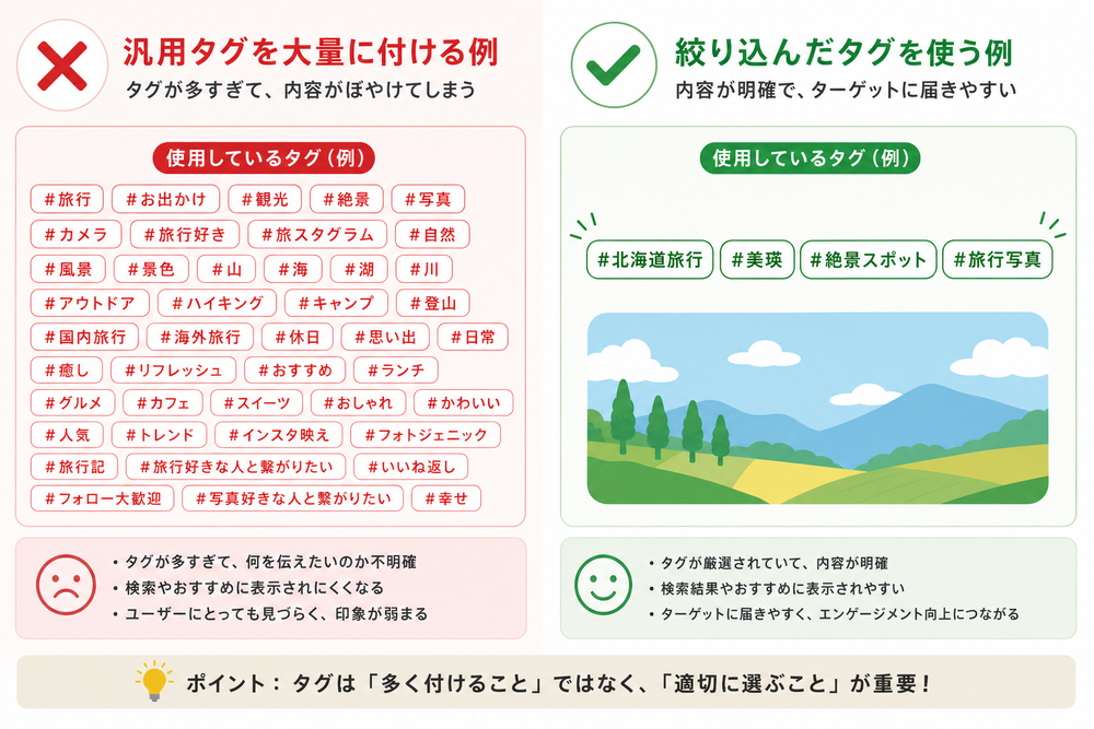 左右比較のビジュアル。左側は「汎用タグを大量に付ける例」として多数のハッシュタグが雑然と並ぶ様子、右側は「絞り込んだタグを使う例」として厳選された少数のハッシュタグが整然と並ぶ様子。バツ印とチェック印で対比、日本語ラベル付き、わかりやすいフ