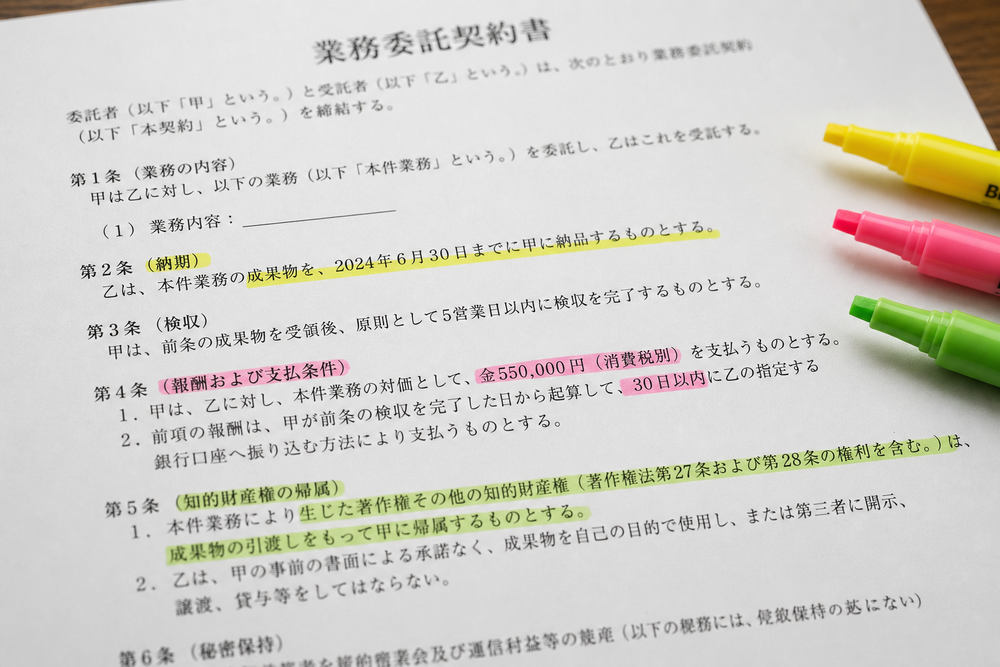 業務委託契約書の書類イメージ。契約書の紙面に蛍光マーカーで重要な条項（納期・支払い条件・著作権など）にラインが引かれている様子のクローズアップ写真風イラスト