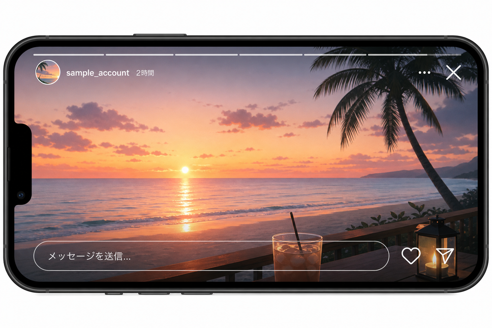 スマートフォンでInstagramのストーリーズを視聴している画面を模したイラストで、画面下部にメッセージ入力欄が表示されている様子を示すデザイン