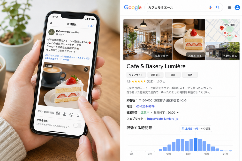 スマートフォンでSNS投稿画面を操作している手元のイメージ、およびGoogleビジネスプロフィールの店舗情報表示画面のイメージを組み合わせたスクリーンショット風のデザイン画像