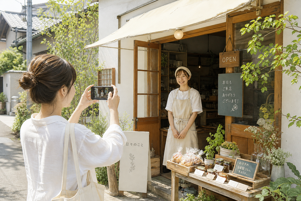 スマートフォンで小さな店舗の外観や商品、スタッフを撮影しているイメージイラスト。自然光の中で明るく撮影している様子、手作り感のあるナチュラルな雰囲気