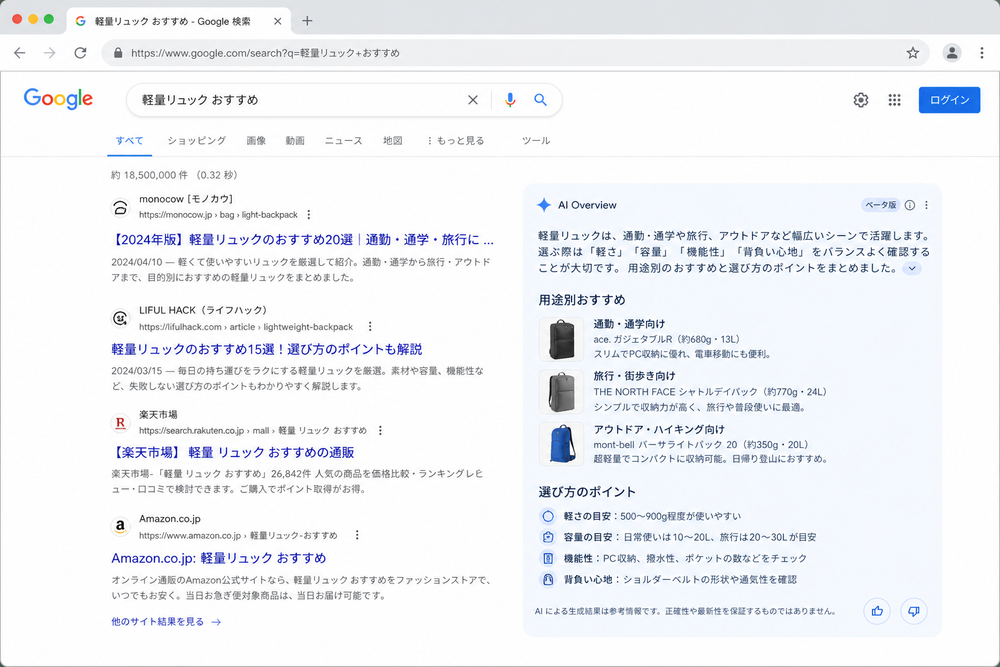 検索エンジンの結果画面にAIによる要約(AI Overview)が表示されている様子を示すイメージ。従来のリンク一覧と、AI生成の回答ボックスが並んで表示されているブラウザ画面のモックアップイラスト