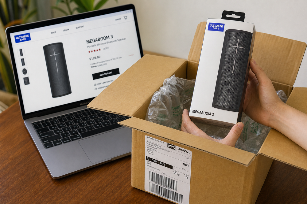海外通販サイトの商品ページを表示したパソコン画面と、実際に届いた段ボール箱を開封し商品パッケージを取り出している様子。国際配送のラベルが貼られた箱、商品パッケージ、緩衝材が写った开封シーン。物流・輸入をイメージさせるリアルな写真風カット。