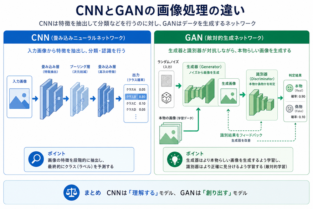 CNNとGANの画像処理の違いを示す簡易的なインフォグラフィック図解。左側にCNNのシンプルな層状ネットワーク構造、右側にGANの生成器と識別器が対になった構造を矢印とアイコンで表現。フラットデザイン、青と緑を基調とした配色
