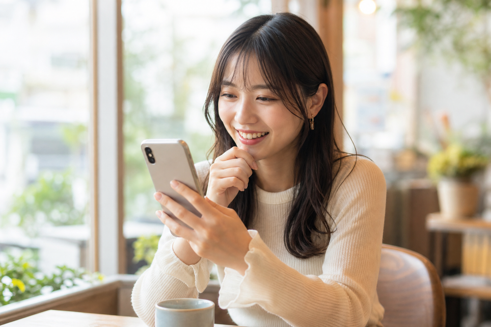 カフェで若い女性がスマートフォンを縦に持ち、リール動画(縦型ショート動画)を楽しそうに見ている自然な写真風イメージ。明るい自然光、柔らかいボケ味の背景