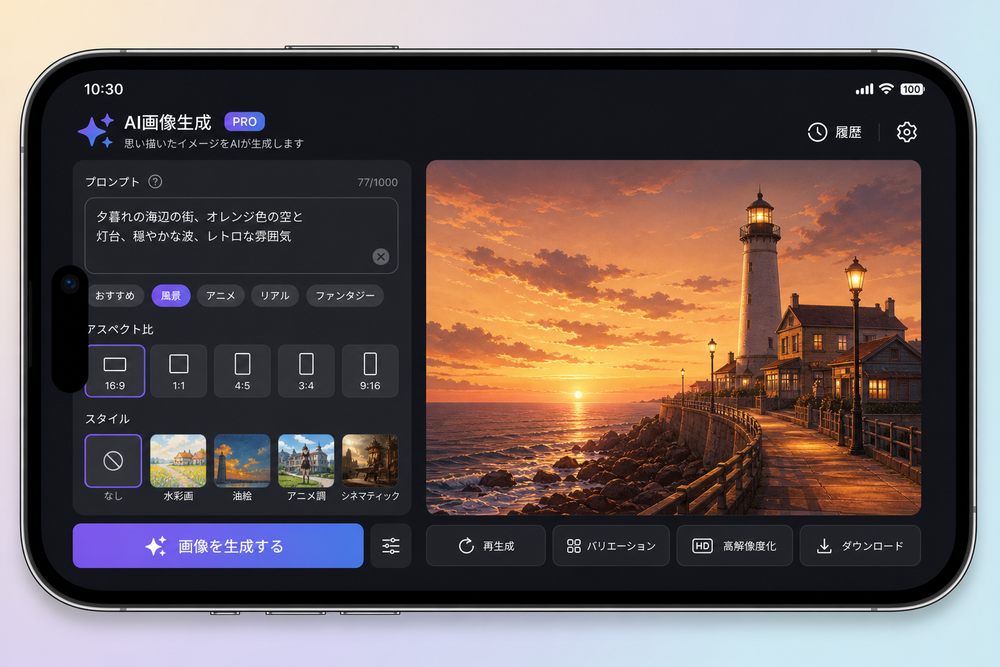 スマートフォンでAI画像生成アプリを操作している画面イメージ。画像生成ボタンやプロンプト入力欄が見えるアプリ画面のイラスト風スクリーンショット
