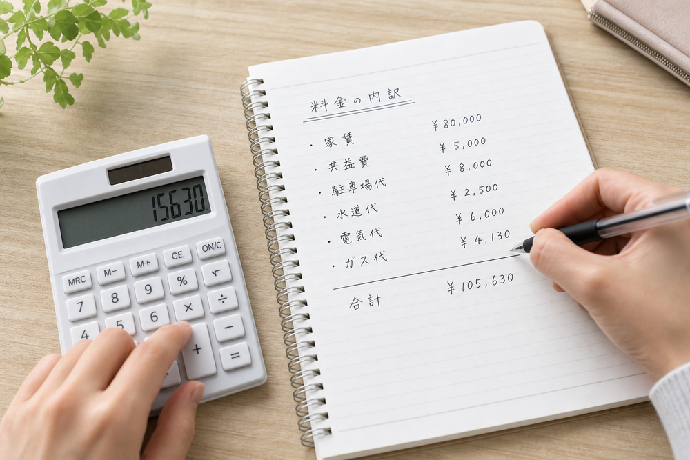 （写真：電卓とノート、料金の内訳をメモしている手元の画像を入れる）