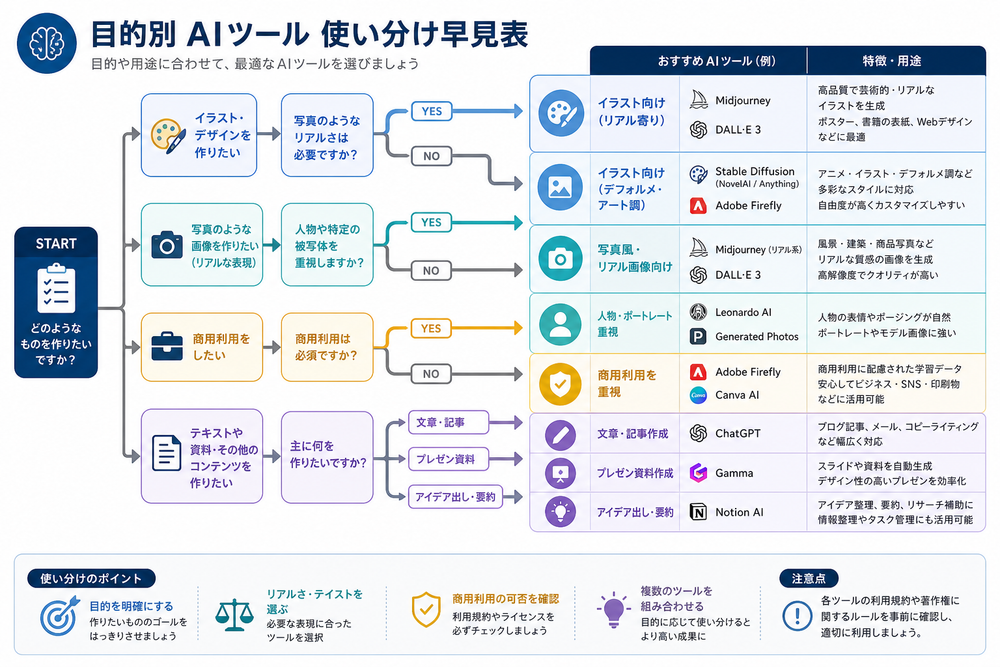 目的別にAIツールを使い分けるためのフローチャートまたは早見表のシンプルな図解イラスト。矢印や分岐、アイコンを使って「イラスト向け」「写真風」「商用利用」などのカテゴリ分けを表現したビジネス資料風デザイン。