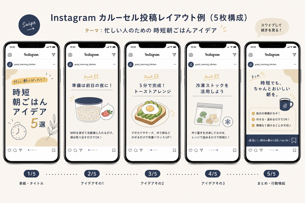 Instagramのカルーセル形式(複数枚スワイプ)投稿のレイアウト例を示すイメージ図。スマホ画面に4~5枚の連続した情報スライドが並んでいる様子を示すフラットデザインのイラスト、統一感のある配色とテキストレイアウトが分かる構成