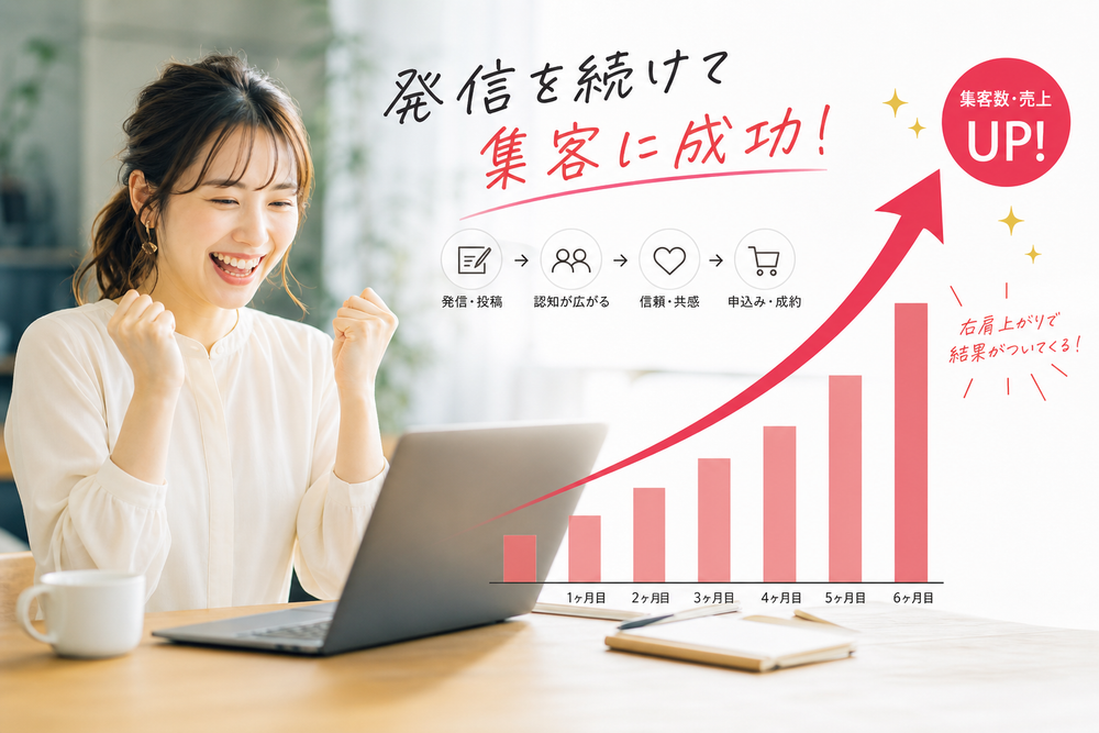 （写真：発信を続けて集客に成功したイメージ（グラフが右肩上がりになる図など）を入れる）