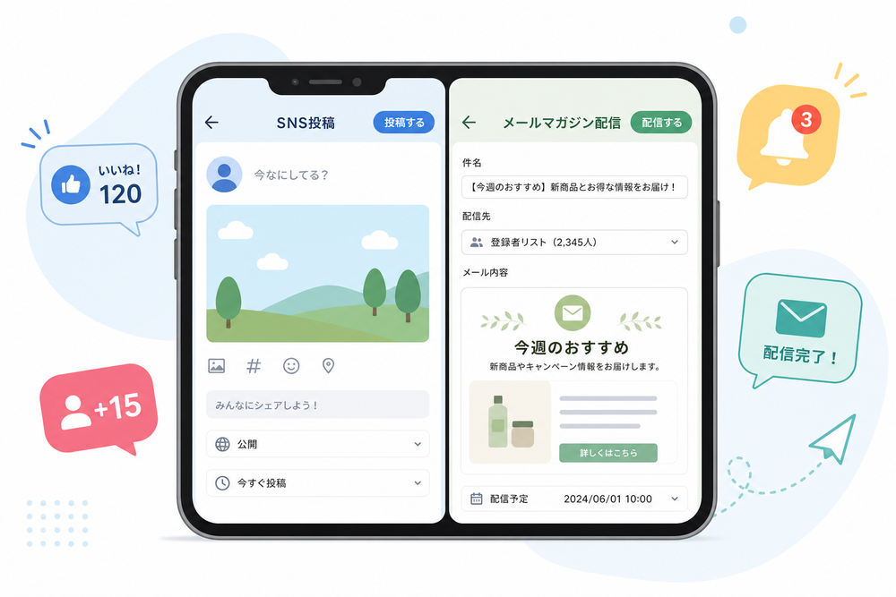 スマートフォン画面にSNS投稿とメールマガジン配信画面が並んで表示されているイメージイラスト。通知アイコンや吹き出しを添えたシンプルなデザイン(実在アプリのロゴは使用しない)