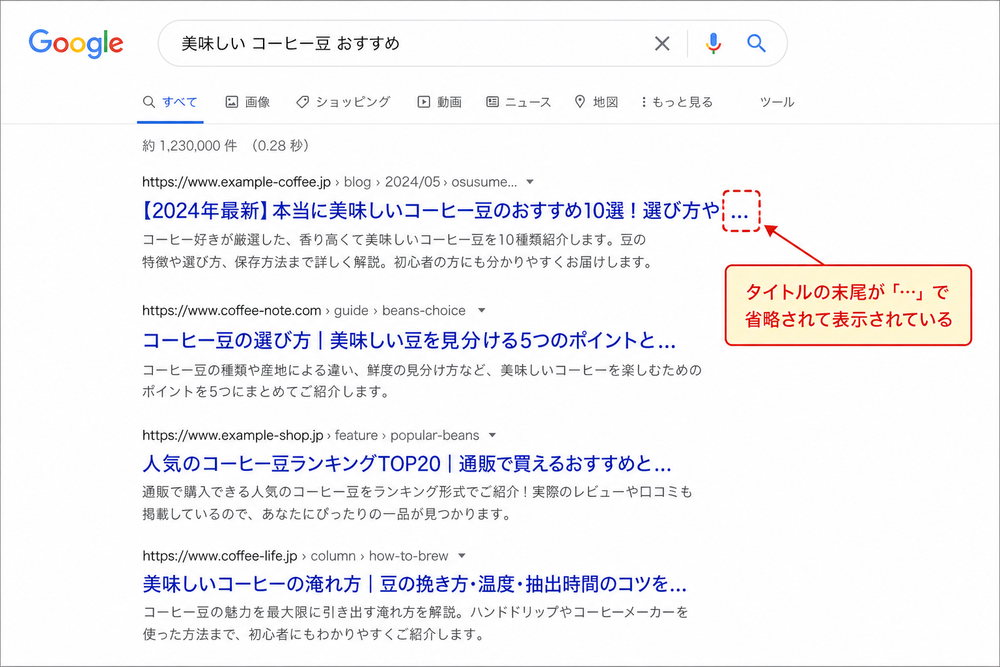 検索結果画面のイメージ。青いリンクの記事タイトルの末尾が「…」で省略されて表示されている様子をわかりやすく示したイラスト