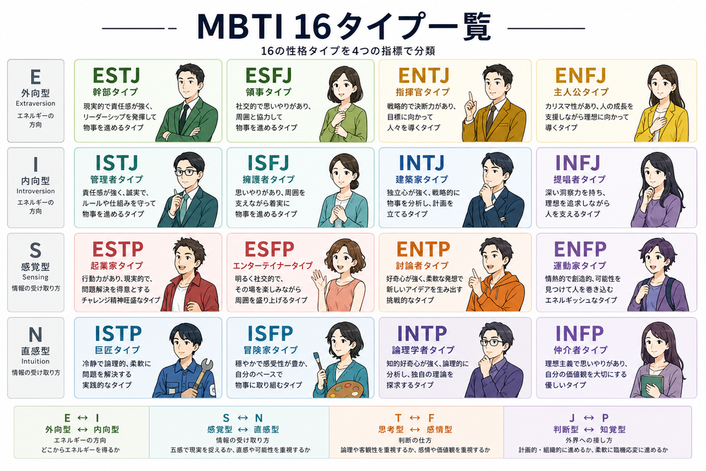 (写真:MBTIの16タイプ一覧をまとめた図やイメージ画像を入れる)