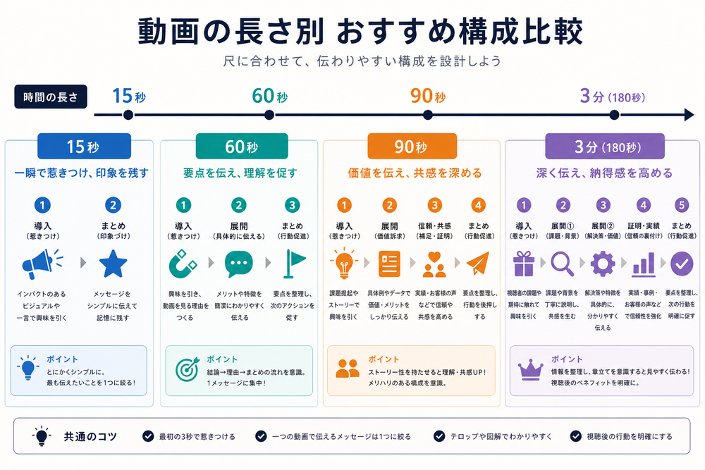 15秒・60秒・90秒・3分の動画それぞれの構成を比較するインフォグラフィック。横軸に時間の長さ、各尺ごとにおすすめの構成（導入・展開・まとめなど）をアイコンや短いテキストで示したシンプルなデザイン