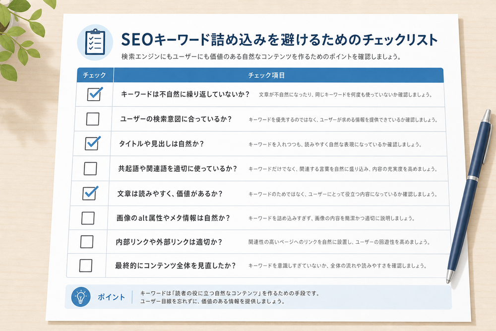 SEOキーワード詰め込みを避けるためのチェックリストをまとめたチェックシートのイメージ画像。紙のシートにチェックボックスと項目が並び、いくつかにチェックマークが入っている、清潔感のあるフラットデザインのビジネスイラスト