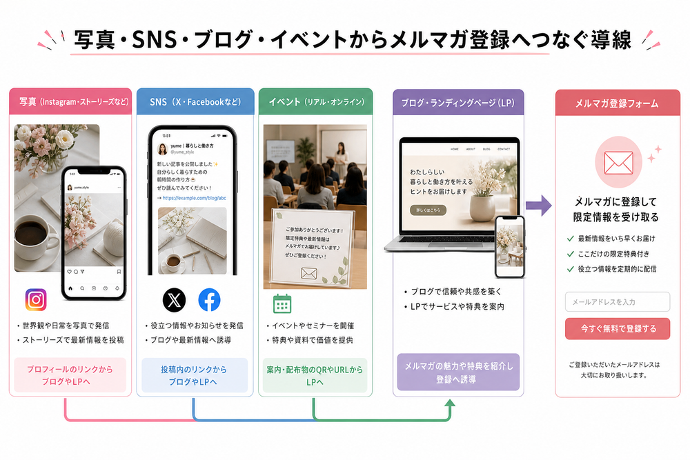 (写真:SNS・ブログ・イベントからメルマガ登録へ流れる導線を矢印で示した図を入れる)