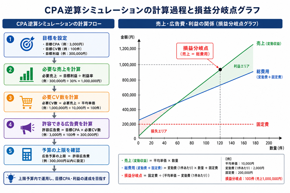 CPA逆算シミュレーションの計算過程を示すフローチャート図、または売上・広告費・利益の関係を表す損益分岐点グラフ（横軸に数量、縦軸に金額、交点を強調したシンプルなビジネスグラフ）