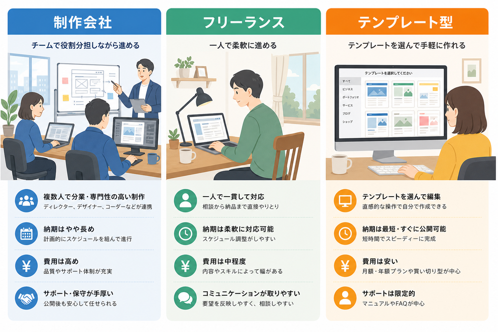 制作会社・フリーランス・テンプレート型という3種類の依頼先の作業イメージを並べて比較したフラットデザインのイラスト。オフィスでチーム作業する人、自宅で一人作業するフリーランス、パソコン画面にテンプレート選択画面を表示する人をそれぞれ描き分け
