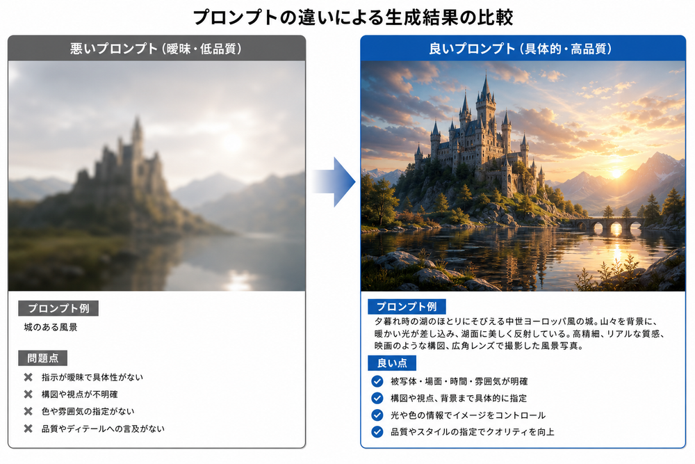 悪いプロンプトと良いプロンプトで生成した画像を左右に並べたビフォーアフター図。左は曖昧で低品質、右は詳細な指示で高品質なイメージ