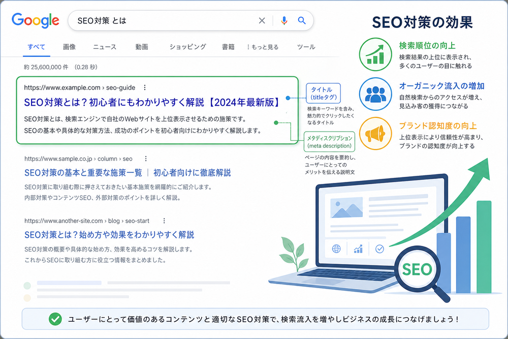検索エンジンの検索結果画面に、タイトルとメタディスクリプションが整った状態で表示されているウェブサイトのイメージ図、SEO効果を示す一般的なイラスト