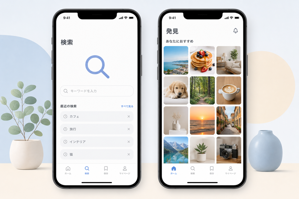 スマートフォン2台を並べて、片方に虫眼鏡アイコンの検索画面、もう片方に格子状に写真が並ぶ発見(おすすめ)画面を表示したイラスト風モックアップ画像。