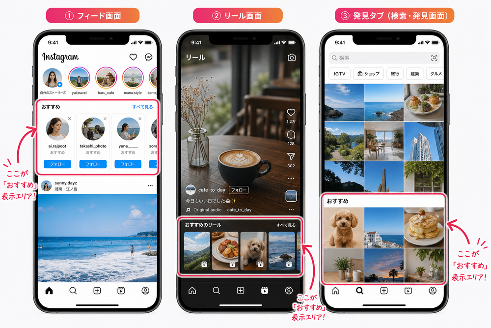 スマートフォンのInstagram画面(フィード・リール・発見タブ)で「おすすめ」表示部分を矢印やマーカーで指し示したスクリーンショット風イラスト、3つの画面を並べたレイアウト
