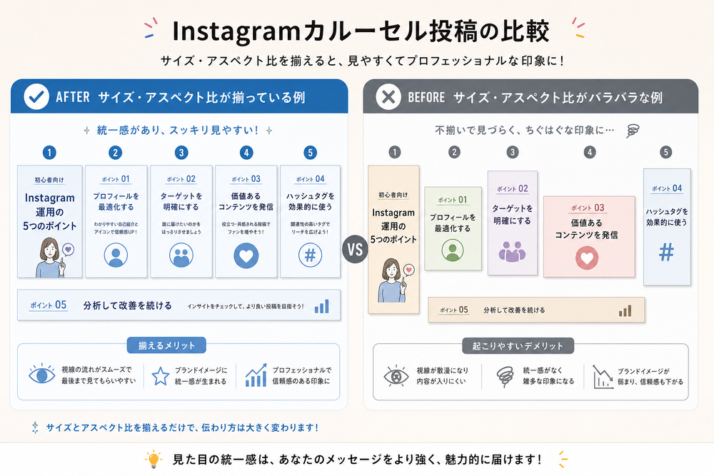 Instagramのカルーセル投稿を比較した図解画像。左側にサイズとアスペクト比が揃った複数枚のスライドがきれいに並ぶ例、右側にサイズがバラバラで見た目が不揃いなスライドの例を並べて比較したビフォーアフター風の画像