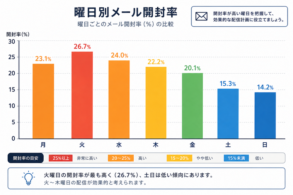 曜日別（月〜日）のメール開封率を示す棒グラフのイラスト。横軸に曜日、縦軸に開封率(%)、色の違いで開封率の高低が分かりやすいデザイン、ビジネス資料風