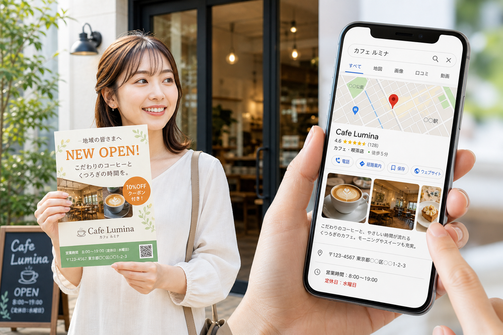チラシを手に持つ人とスマートフォンでお店を検索している画面を並べたイメージ写真。オフラインとオンライン集客を併用しているイメージを表現する、明るい店舗前のシーン