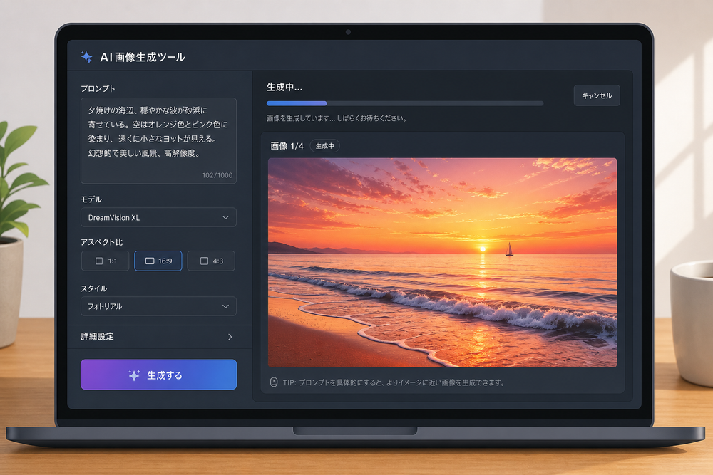 AI画像生成ツールの操作画面のイメージ。プロンプト入力欄と生成ボタン、生成中の一枚目の画像が表示されているパソコン画面のイラスト