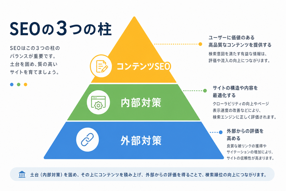 SEOの3つの柱をピラミッド型に整理した図解。ピラミッドが3段に分かれ、それぞれ「コンテンツSEO」「内部対策」「外部対策」のようなラベルが入っている。シンプルで見やすいインフォグラフィック、日本語