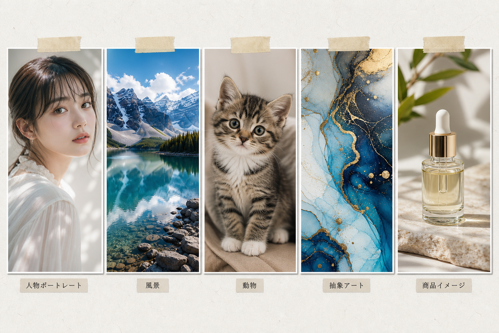 5つの異なるジャンル(人物ポートレート、風景、動物、抽象アート、商品イメージ)のAI生成画像をグリッド状に並べたサンプル集。各画像の下に小さくジャンル名のラベルが付いたコラージュ風レイアウト